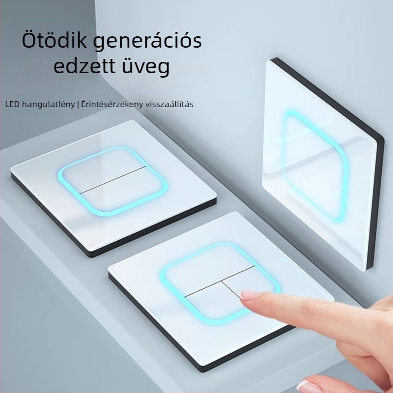Ultra vékony fehér edzett üveg kapcsoló- és aljzati panel krém színben, típus 86, 1 kapcsoló, 5 lyuk, falra szerelve, visszaállítási funkcióval