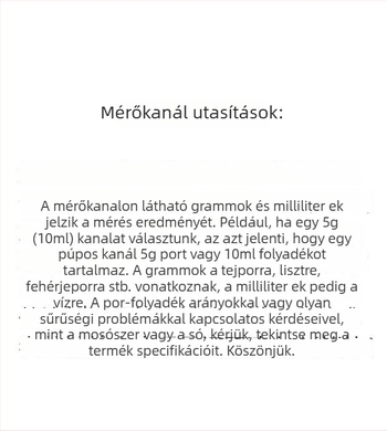 Mérőkanál készlet: 20 g tejpor, 40 ml graduált folyadékkanál, gyümölcspor, fehérjepor, gabonafélék és többfunkciós kanál