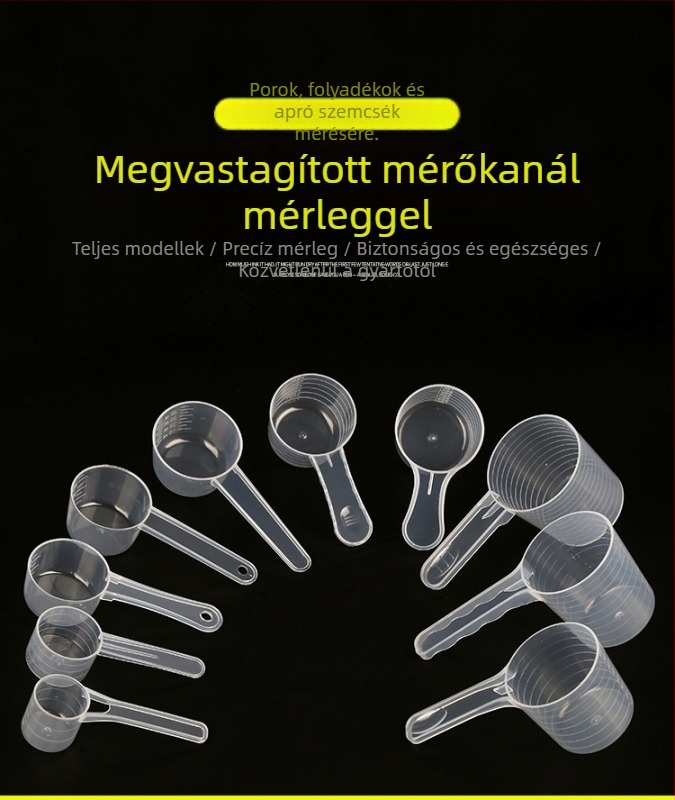 Mérőkanál készlet: 20 g tejpor, 40 ml graduált folyadékkanál, gyümölcspor, fehérjepor, gabonafélék és többfunkciós kanál