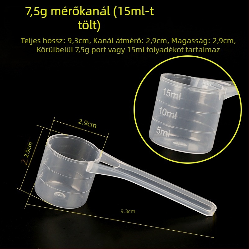 Mérőkanál készlet: 20 g tejpor, 40 ml graduált folyadékkanál, gyümölcspor, fehérjepor, gabonafélék és többfunkciós kanál