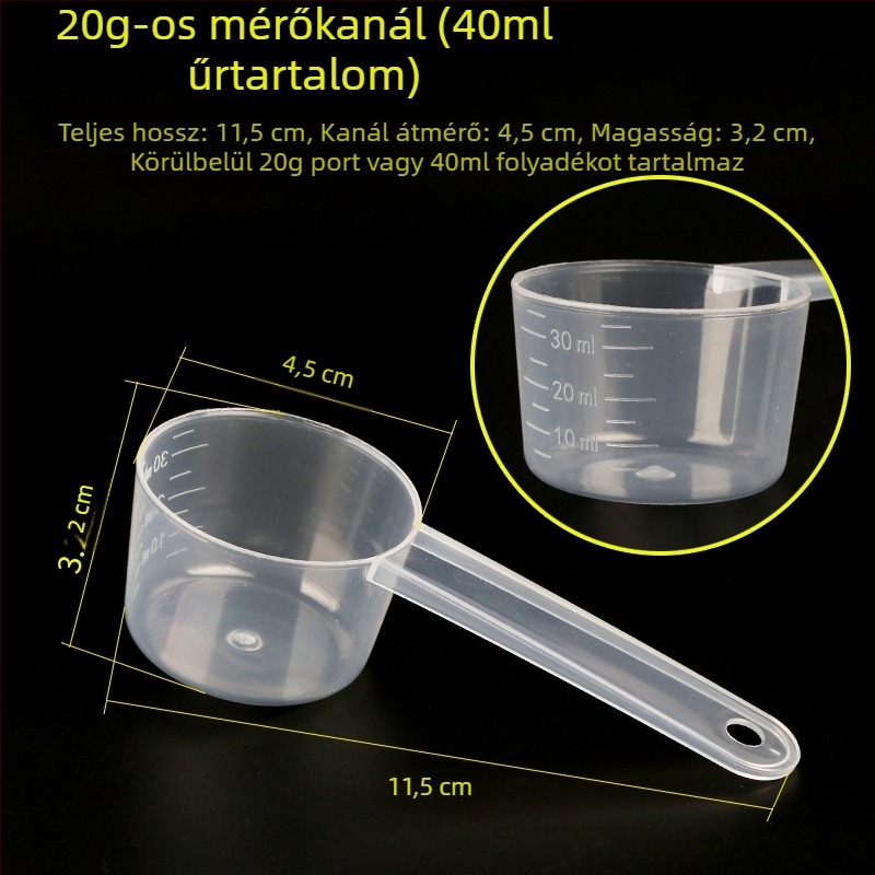 Mérőkanál készlet: 20 g tejpor, 40 ml graduált folyadékkanál, gyümölcspor, fehérjepor, gabonafélék és többfunkciós kanál