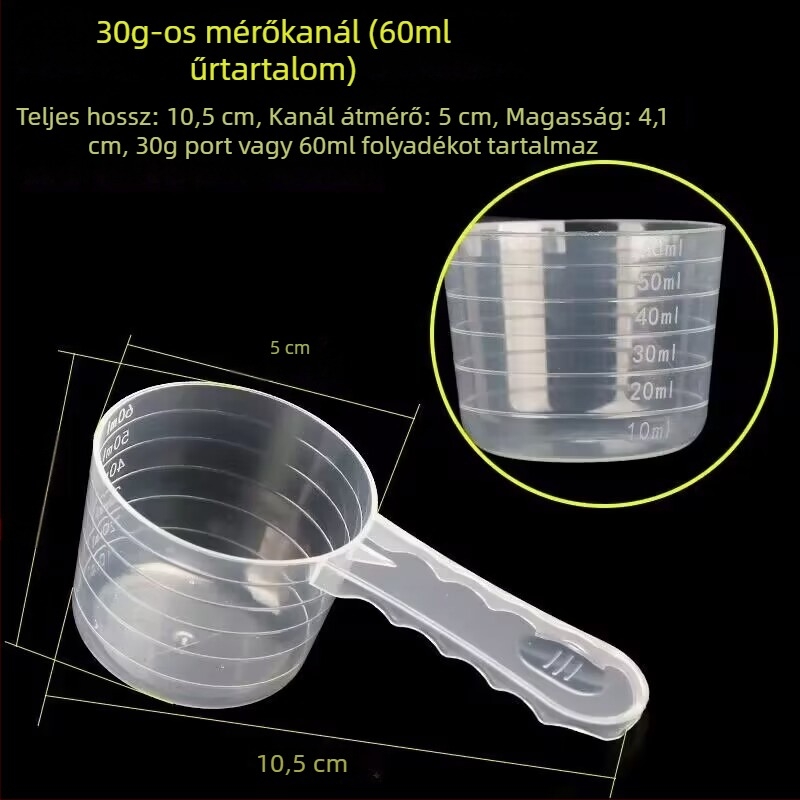 Mérőkanál készlet: 20 g tejpor, 40 ml graduált folyadékkanál, gyümölcspor, fehérjepor, gabonafélék és többfunkciós kanál