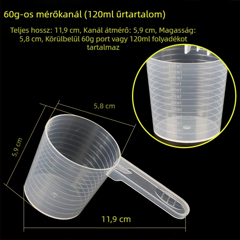 Mérőkanál készlet: 20 g tejpor, 40 ml graduált folyadékkanál, gyümölcspor, fehérjepor, gabonafélék és többfunkciós kanál