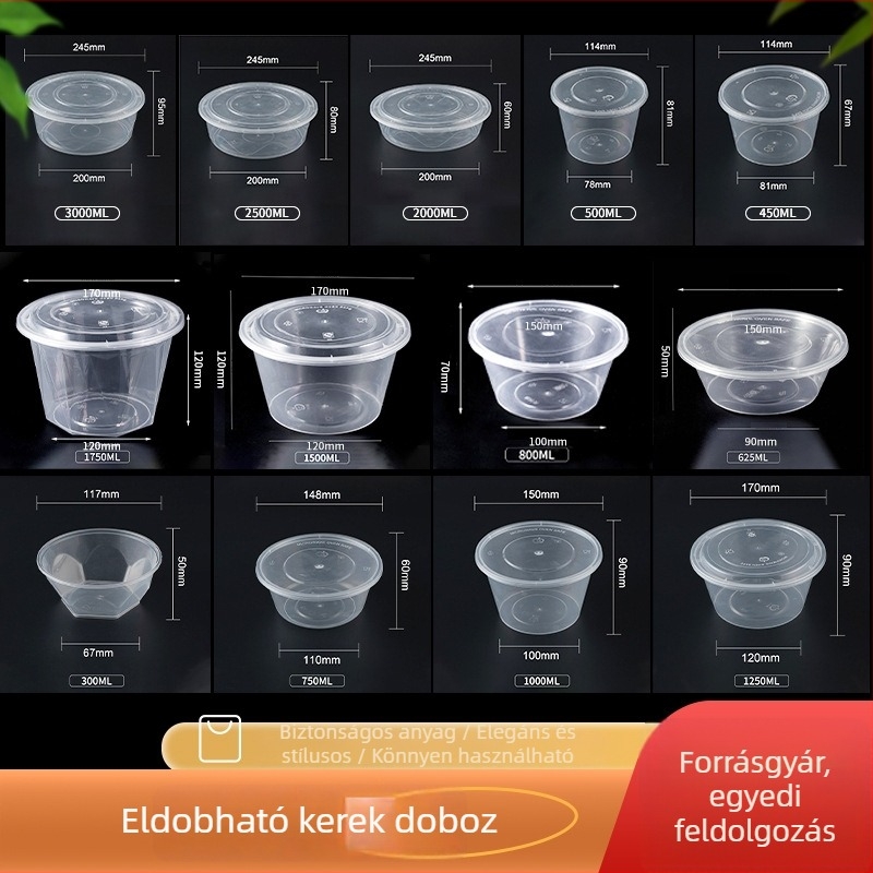 Egyszer használatos, kerek műanyag ételtároló edény fedől, vastag falú, szivárgásmentes, átlátszó, elviteles csomagoláshoz