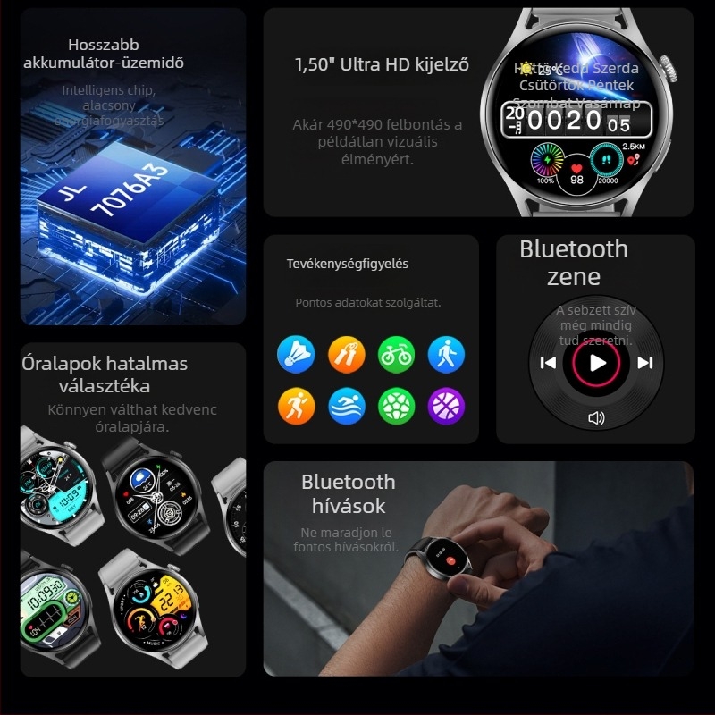 W10 okosóra, Bluetoothos vízálló sportóra NFC offline fizetéssel, 1,52 hüvelykes HD TFT kijelző