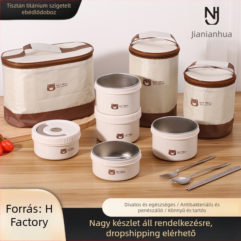 Titánium ételtároló ebéd doboz, kerek formájú, négy rekesz, szigetelt, könnyen tisztítható, 301–500 ml kapacitás, mikrohullámú sütőben használható, logó testreszabható, modern minimális stílus, kültéri hordozható