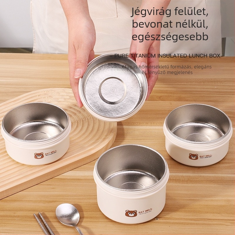 Titánium ételtároló ebéd doboz, kerek formájú, négy rekesz, szigetelt, könnyen tisztítható, 301–500 ml kapacitás, mikrohullámú sütőben használható, logó testreszabható, modern minimális stílus, kültéri hordozható