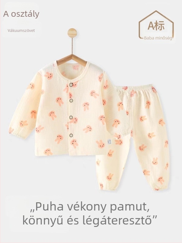 Pamut géz baba pizsama szett, hosszú ujjú, tavasz–ősz, könnyű otthoni viselet