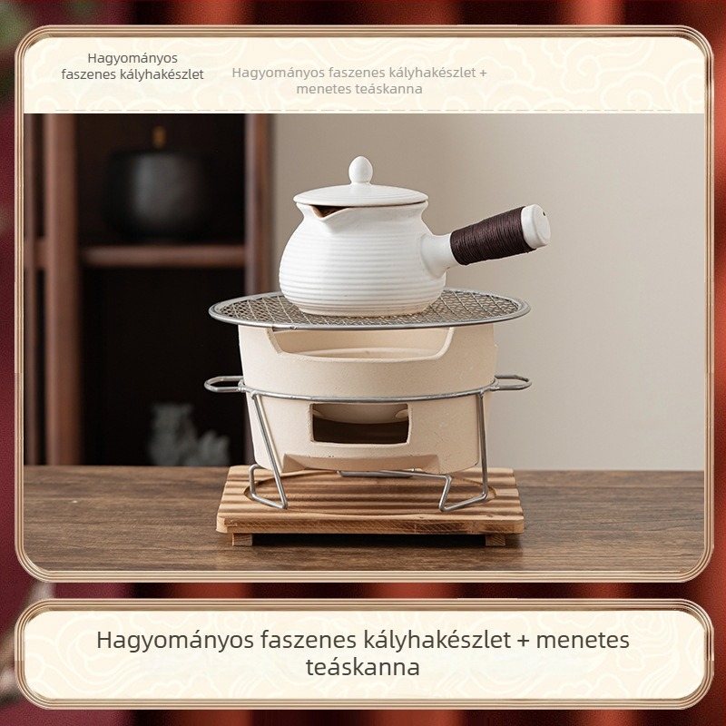 Beltéri teafőző készlet kerámia teáskannával, teljes készlet tea és tejtea előkészítéséhez, kültéri szénfűtésű tűzhely