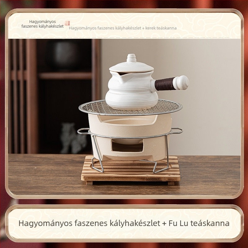 Beltéri teafőző készlet kerámia teáskannával, teljes készlet tea és tejtea előkészítéséhez, kültéri szénfűtésű tűzhely