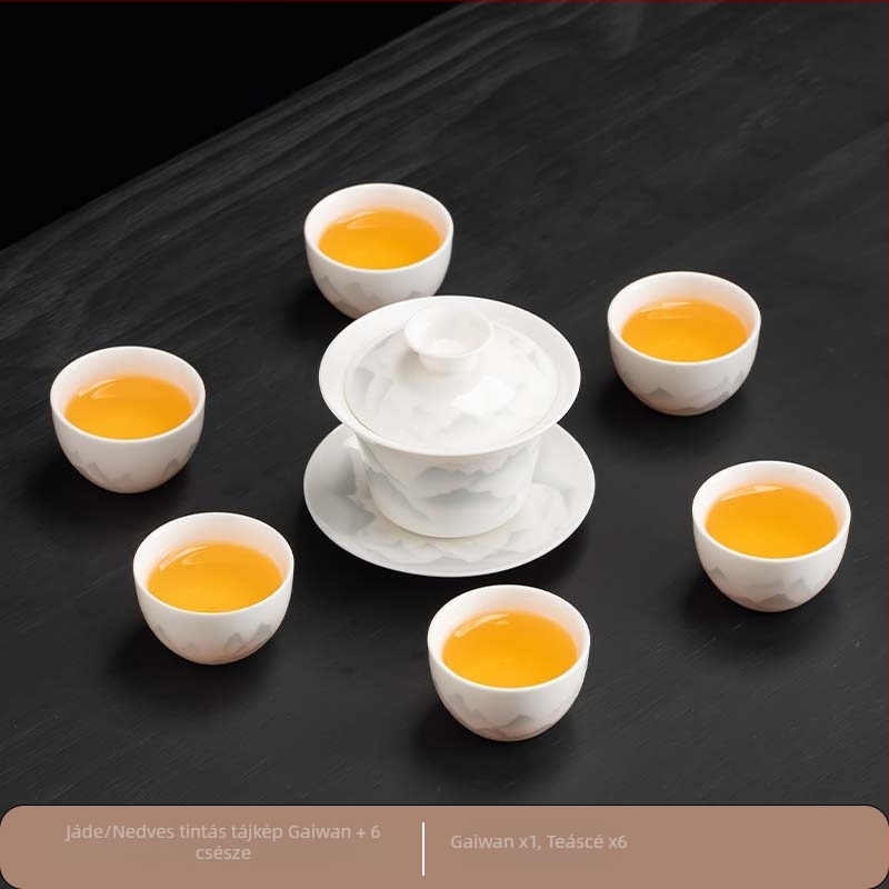 Kínai stílusú Gongfu teáskészlet fehér porcelánból, teáskannával, teás tálcával és fedeles tálkával; otthoni használatra, üzleti testreszabással