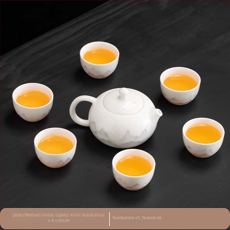 Kínai stílusú Gongfu teáskészlet fehér porcelánból, teáskannával, teás tálcával és fedeles tálkával; otthoni használatra, üzleti testreszabással