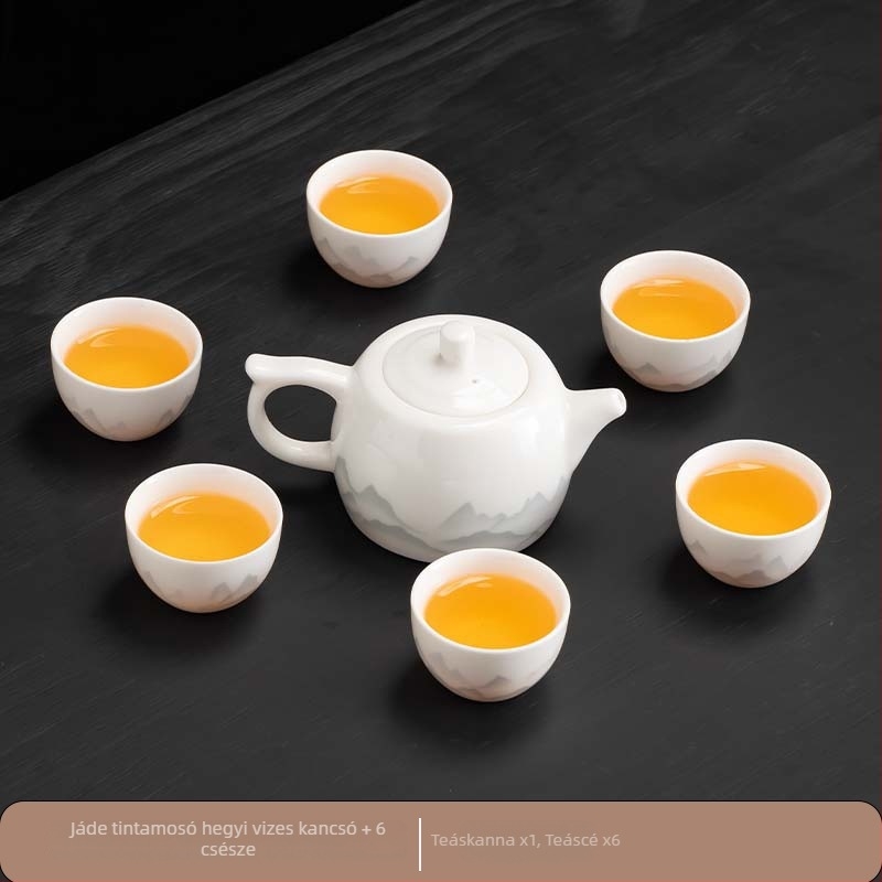 Kínai stílusú Gongfu teáskészlet fehér porcelánból, teáskannával, teás tálcával és fedeles tálkával; otthoni használatra, üzleti testreszabással