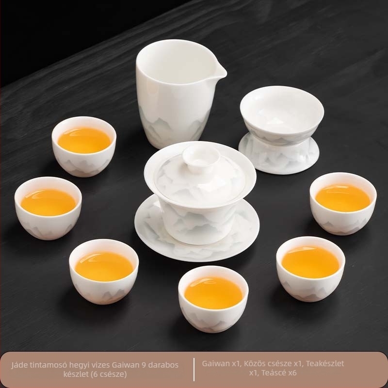 Kínai stílusú Gongfu teáskészlet fehér porcelánból, teáskannával, teás tálcával és fedeles tálkával; otthoni használatra, üzleti testreszabással