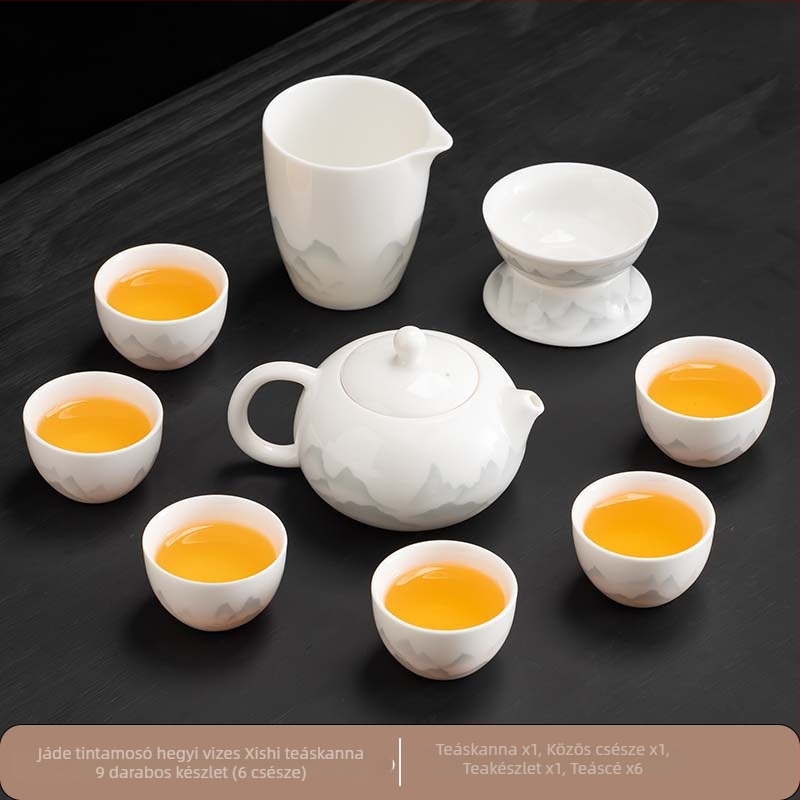 Kínai stílusú Gongfu teáskészlet fehér porcelánból, teáskannával, teás tálcával és fedeles tálkával; otthoni használatra, üzleti testreszabással