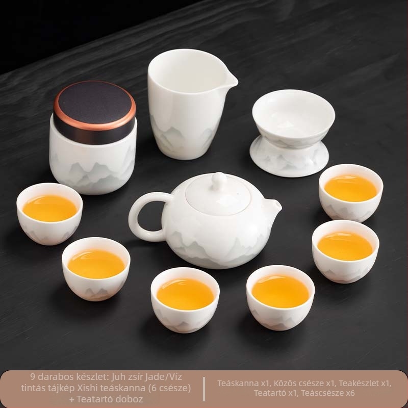 Kínai stílusú Gongfu teáskészlet fehér porcelánból, teáskannával, teás tálcával és fedeles tálkával; otthoni használatra, üzleti testreszabással