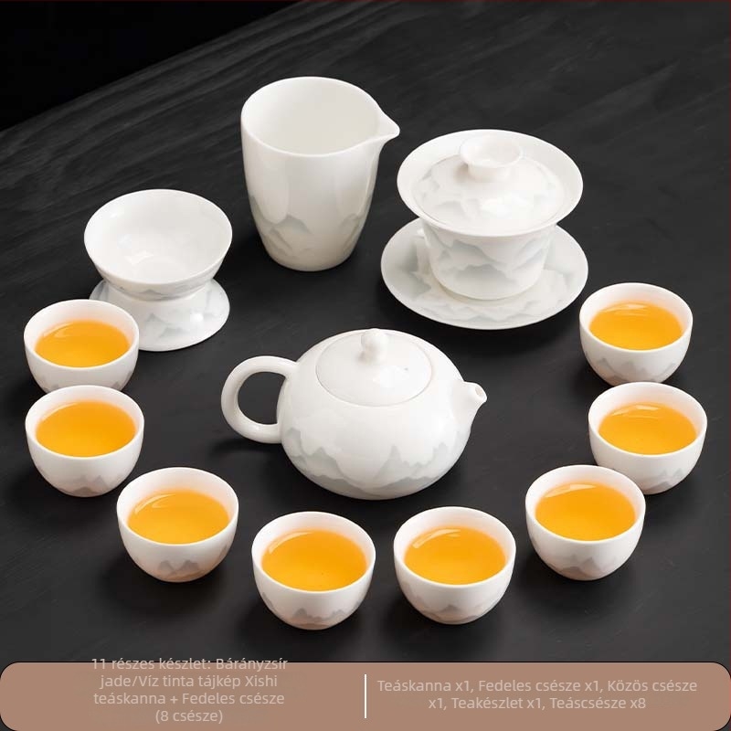 Kínai stílusú Gongfu teáskészlet fehér porcelánból, teáskannával, teás tálcával és fedeles tálkával; otthoni használatra, üzleti testreszabással