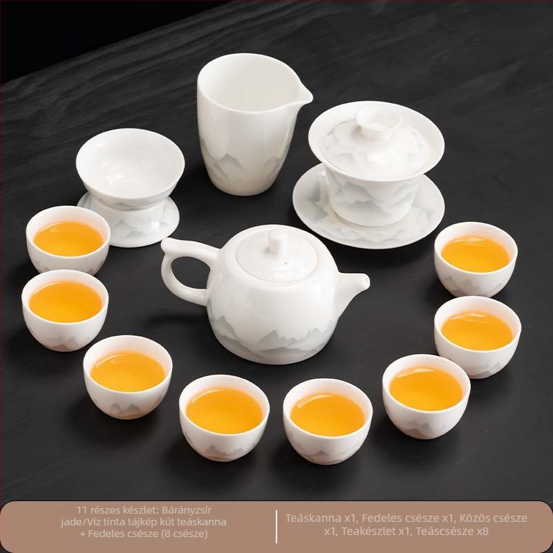 Kínai stílusú Gongfu teáskészlet fehér porcelánból, teáskannával, teás tálcával és fedeles tálkával; otthoni használatra, üzleti testreszabással