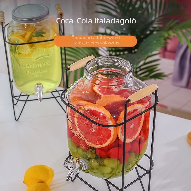 Üveges italdispenser csappal, cilindrikus tartály 5 L feletti kapacitással, modern minimalist stílus
