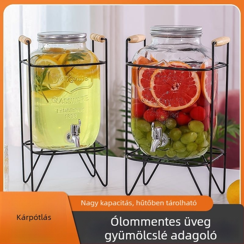 Üveges italdispenser csappal, cilindrikus tartály 5 L feletti kapacitással, modern minimalist stílus