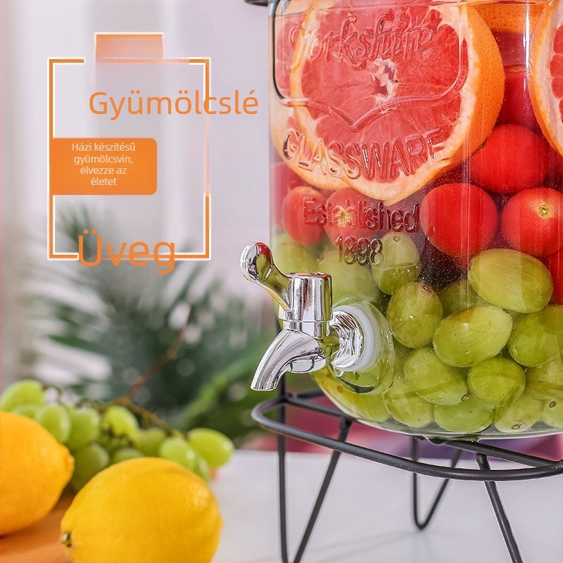 Üveges italdispenser csappal, cilindrikus tartály 5 L feletti kapacitással, modern minimalist stílus