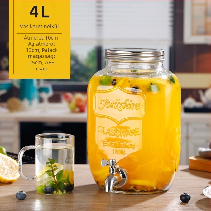 Üveges italdispenser csappal, cilindrikus tartály 5 L feletti kapacitással, modern minimalist stílus