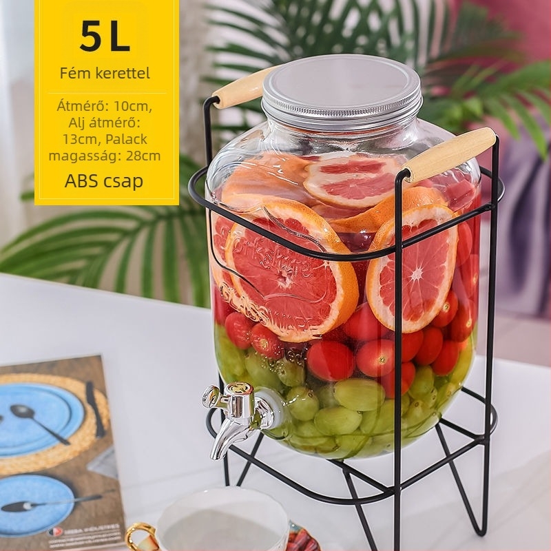 Üveges italdispenser csappal, cilindrikus tartály 5 L feletti kapacitással, modern minimalist stílus