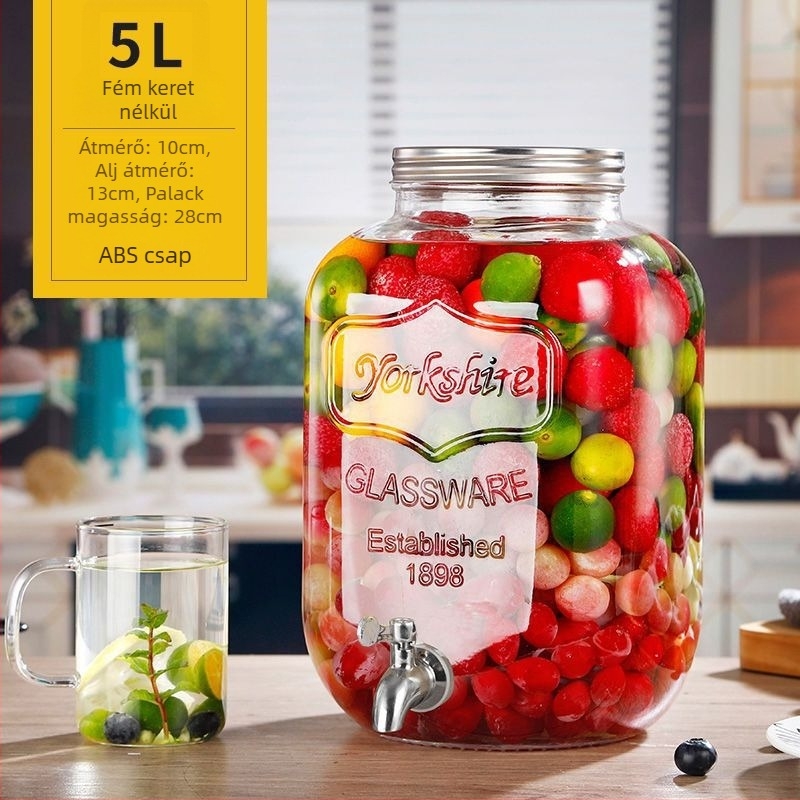 Üveges italdispenser csappal, cilindrikus tartály 5 L feletti kapacitással, modern minimalist stílus
