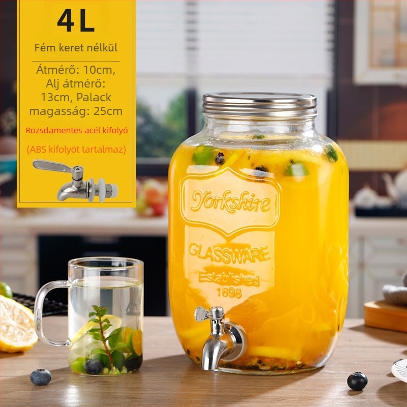 Üveges italdispenser csappal, cilindrikus tartály 5 L feletti kapacitással, modern minimalist stílus