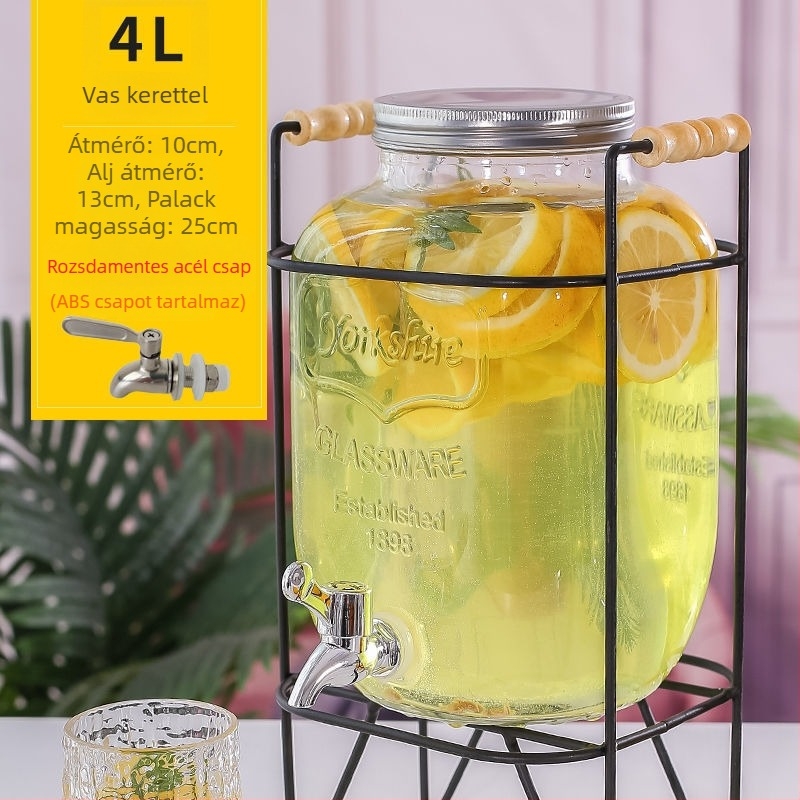 Üveges italdispenser csappal, cilindrikus tartály 5 L feletti kapacitással, modern minimalist stílus