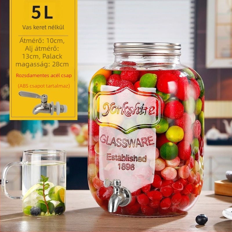 Üveges italdispenser csappal, cilindrikus tartály 5 L feletti kapacitással, modern minimalist stílus