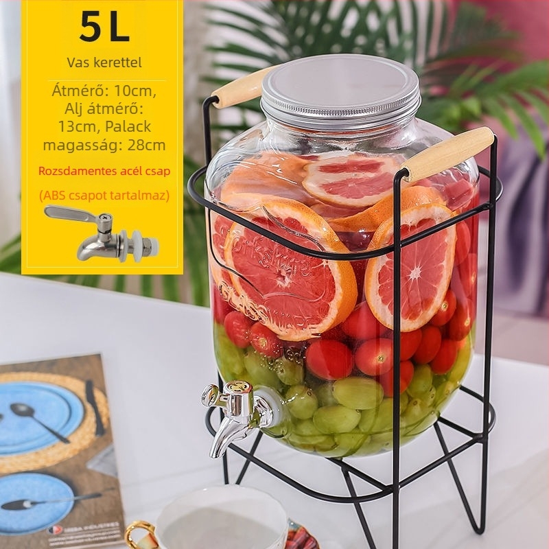 Üveges italdispenser csappal, cilindrikus tartály 5 L feletti kapacitással, modern minimalist stílus