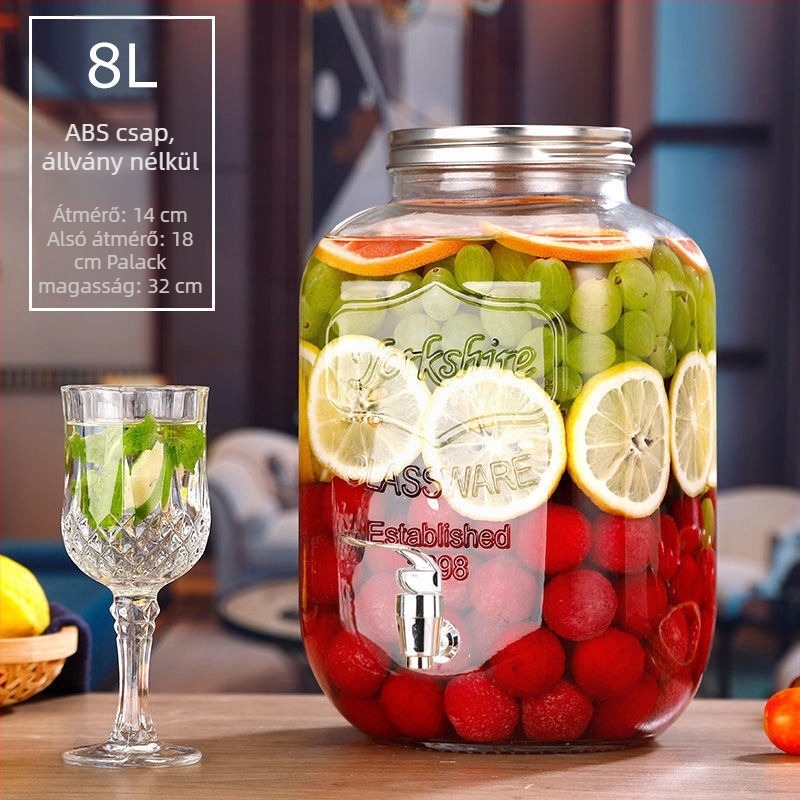 Üveges italdispenser csappal, cilindrikus tartály 5 L feletti kapacitással, modern minimalist stílus