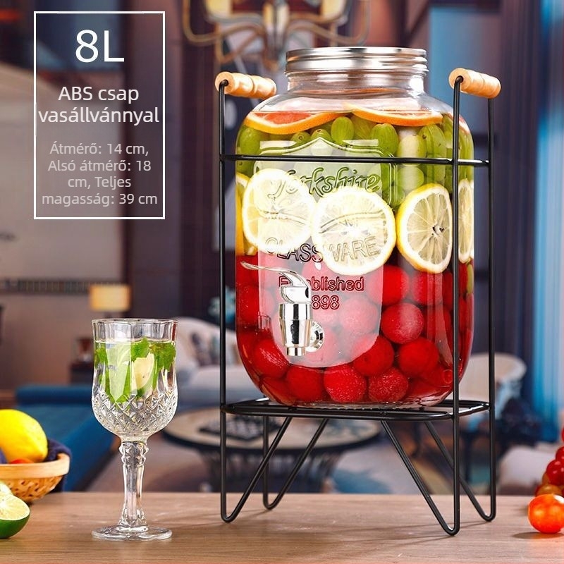 Üveges italdispenser csappal, cilindrikus tartály 5 L feletti kapacitással, modern minimalist stílus