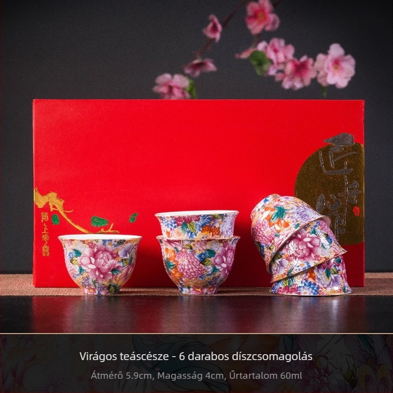 Kiváló minőségű kínai stílusú porcelán teáskészlet e-mailes bevonattal: teáskanna, három részes fedeles edény és pasztell színű teáscsészék otthoni használatra