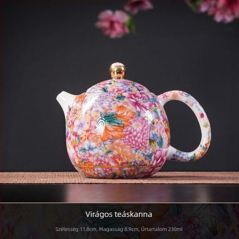 Kiváló minőségű kínai stílusú porcelán teáskészlet e-mailes bevonattal: teáskanna, három részes fedeles edény és pasztell színű teáscsészék otthoni használatra