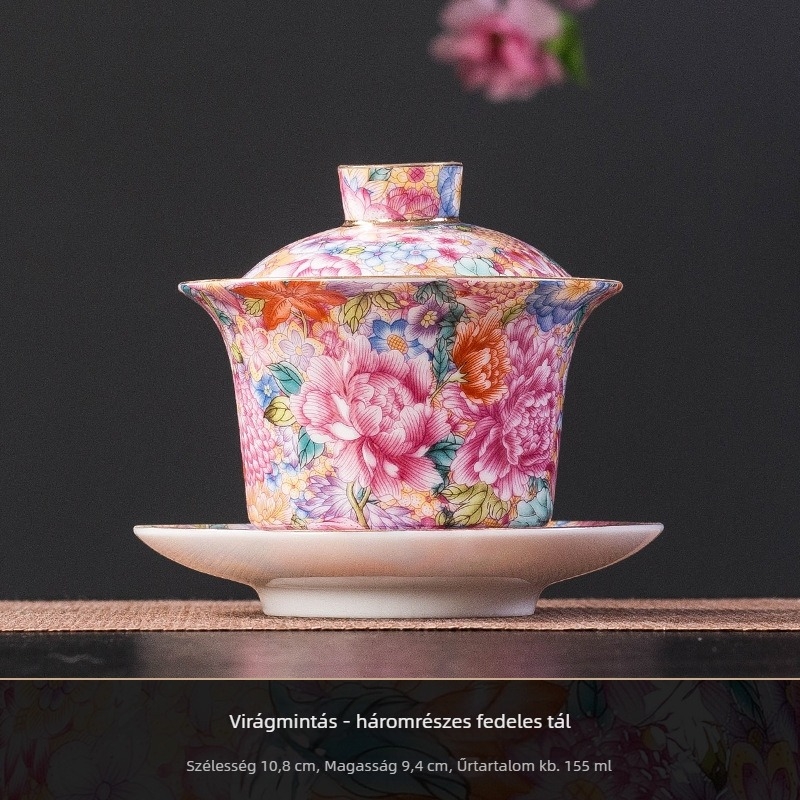 Kiváló minőségű kínai stílusú porcelán teáskészlet e-mailes bevonattal: teáskanna, három részes fedeles edény és pasztell színű teáscsészék otthoni használatra