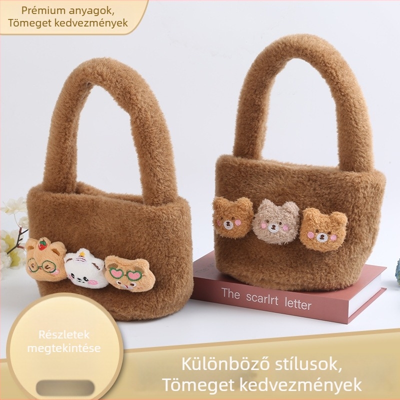 Plüss DIY maci táska — hordozható, divatos női kézitáska, 2026-os új modell, tote/bucket stílus