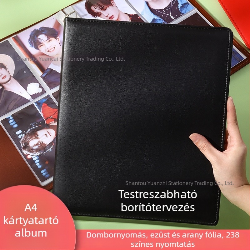 A4-es méretű bőrtokos kártyaalbum kilenc rekeszes rácsával, loose-leaf rendszerrel, hírességek memorabilia gyűjtésére, 50 oldal, logónyomtatás elérhető.