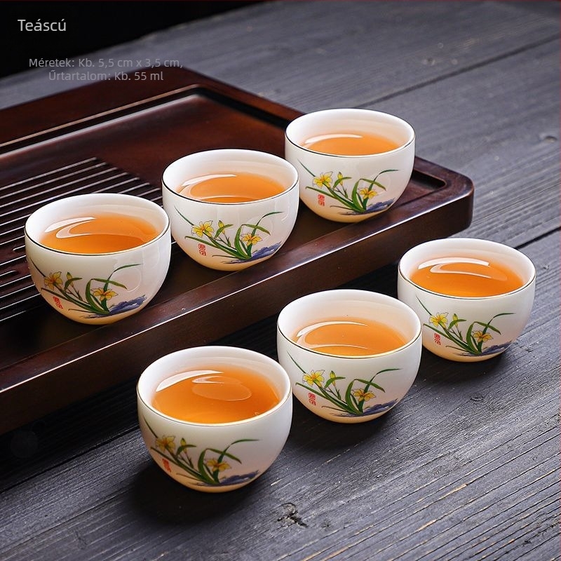 Otthoni használatra szett hat porcelán teáscsészéből, fehér jade mintával, Gongfu teához, égésvédelmi funkcióval, egyedi teáscsészékkel
