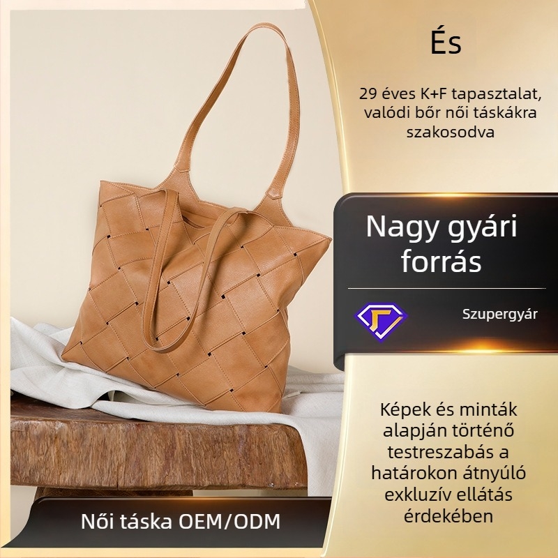 Női tote táska első réteg marhabőrből, narancssárga, nagy kapacitású, geometrikus paneles dizájn, cipzáros zárás, két vállpánt