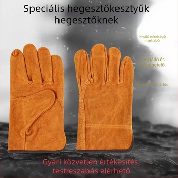 Tehénbőr kesztyűk hegesztéshez, vastított védelemmel, égés elleni, kopásálló és magas hőmérsékletnek ellenálló.