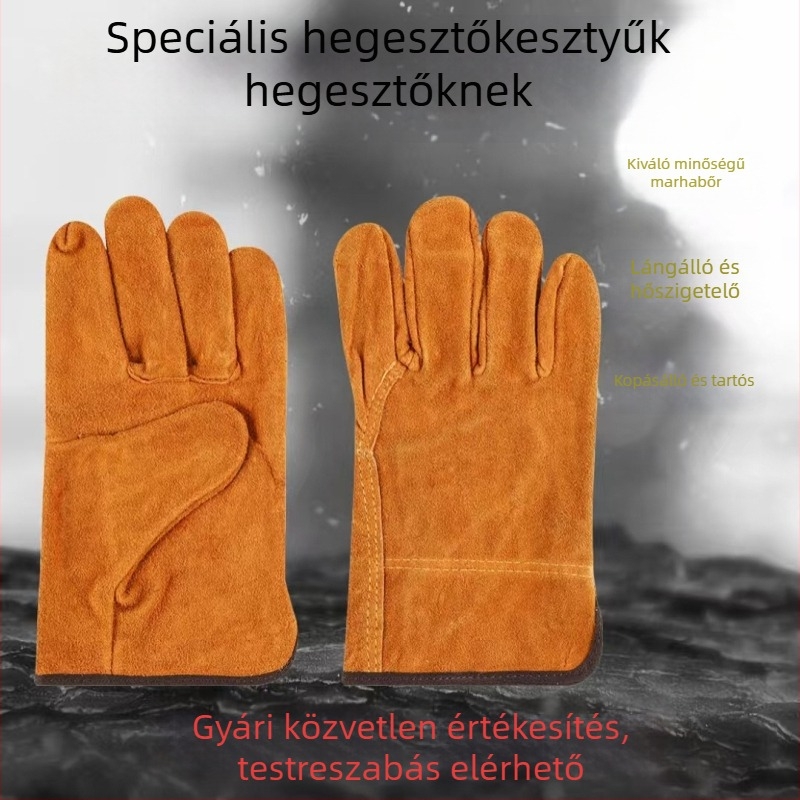 Tehénbőr kesztyűk hegesztéshez, vastított védelemmel, égés elleni, kopásálló és magas hőmérsékletnek ellenálló.