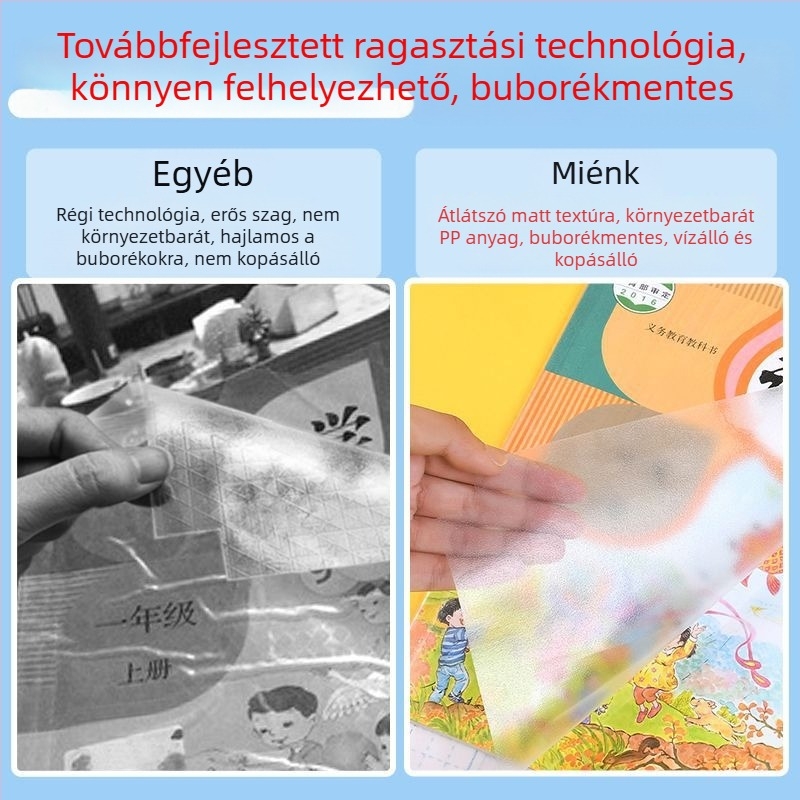 Matt felületű öntapadós átlátszó könyvborító, vágás nélkül, vízálló, teljes készlet tankönyvekhez, méretek 22K, 25K, A5, A4, 16K