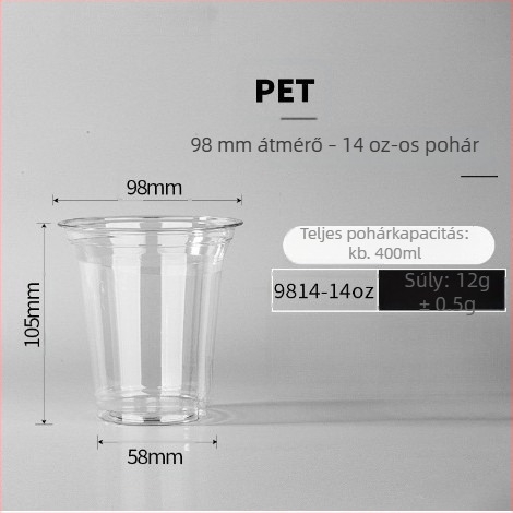 Egyszer használatos, átlátszó kávés pohár hideg italokhoz és tej-teához, 98 mm átmérő, 500 ml