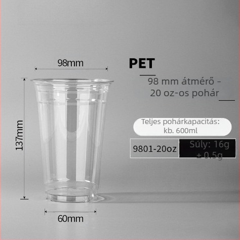 Egyszer használatos, átlátszó kávés pohár hideg italokhoz és tej-teához, 98 mm átmérő, 500 ml