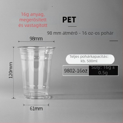 Egyszer használatos, átlátszó kávés pohár hideg italokhoz és tej-teához, 98 mm átmérő, 500 ml