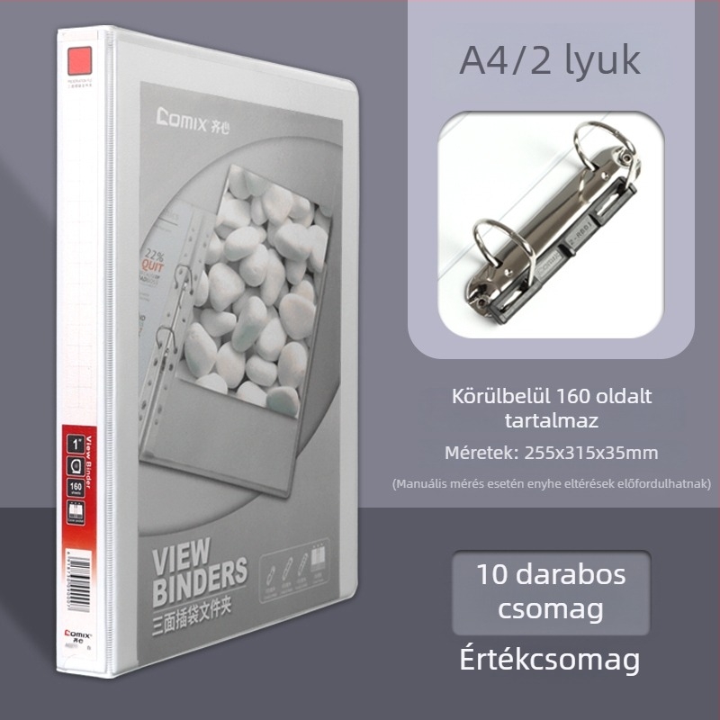 A4-es irattartó háromoldalas zsebbel, 4- és 2-lyukas gyűrűs rendszerrel, fehér