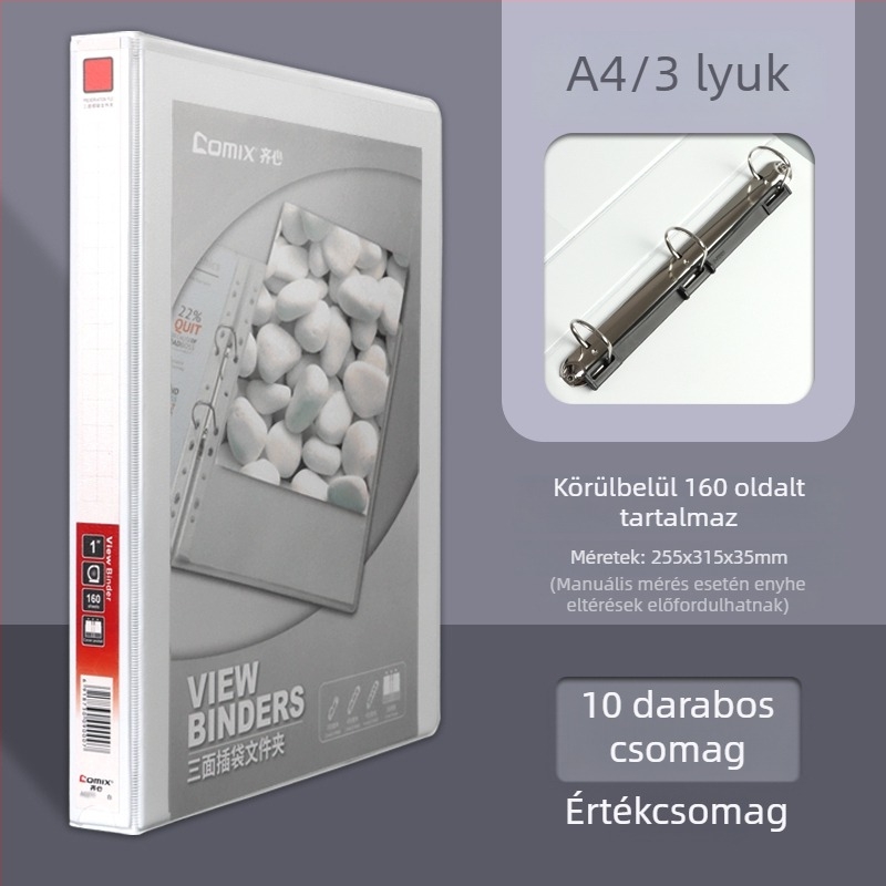 A4-es irattartó háromoldalas zsebbel, 4- és 2-lyukas gyűrűs rendszerrel, fehér