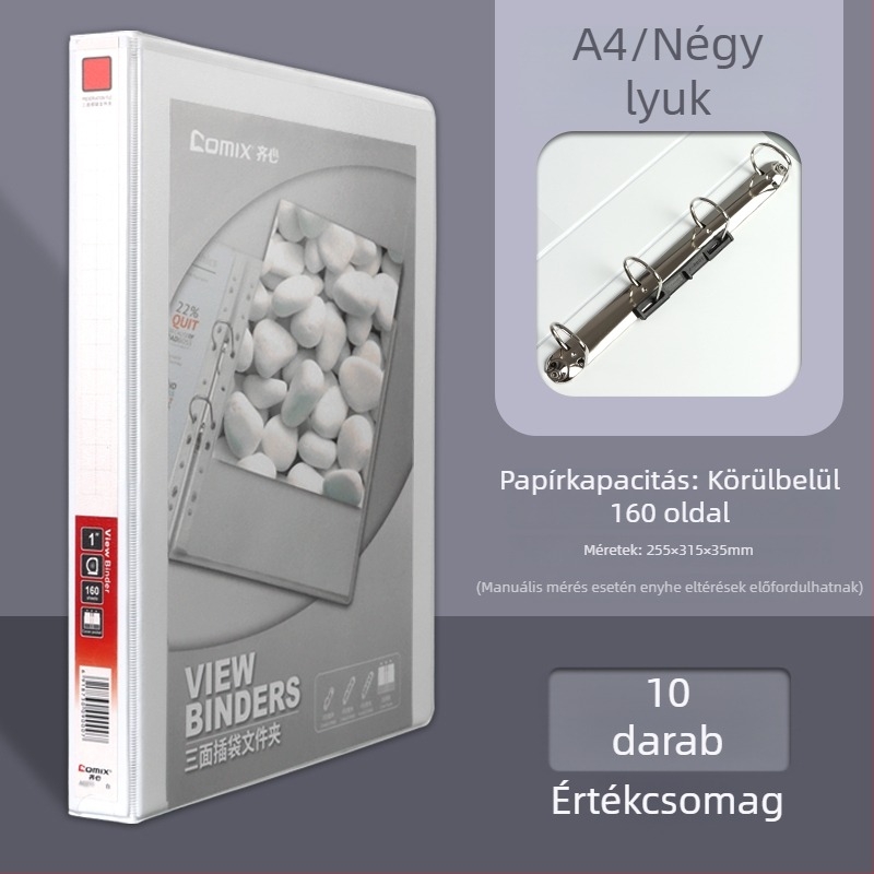 A4-es irattartó háromoldalas zsebbel, 4- és 2-lyukas gyűrűs rendszerrel, fehér